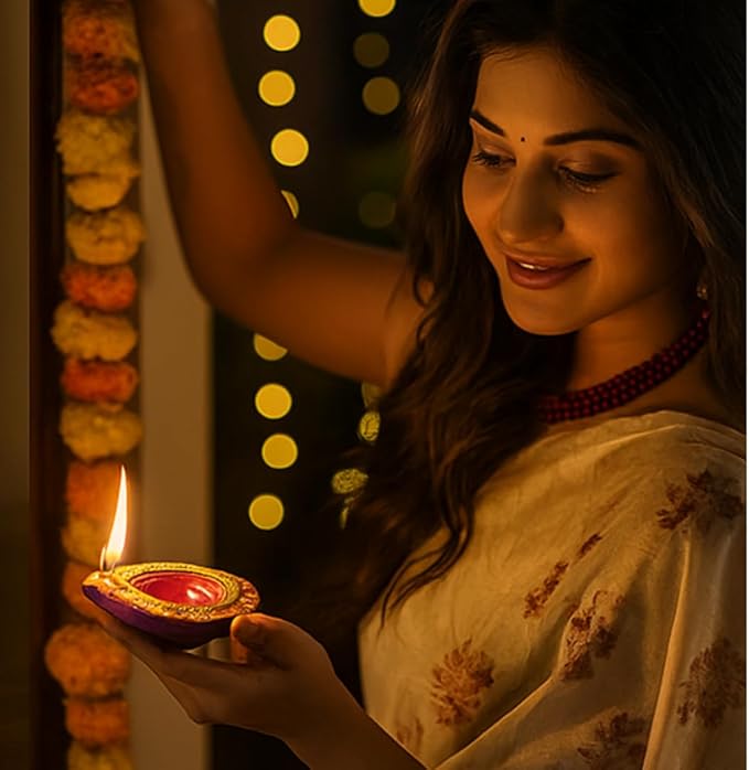 4 x Handcrafted Diwali Diyas Clay Oil Lamps with Stone Centre