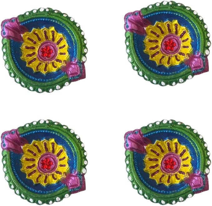 4 x Handcrafted Clay Diya with Green and Blue Finish, Yellow Flower Centre and Stone Work