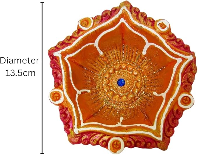 1 x Handmade Clay Oil Diya with Blue Stone & White Circle Design 13.5cm