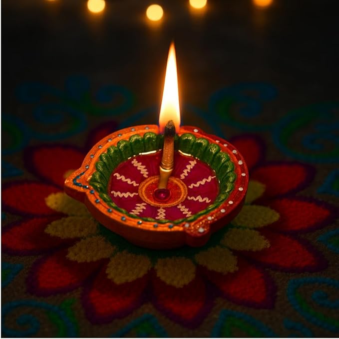4 x Multicolour Hand Painted Clay Diya with Gemstone and Gifting – 10.5cm x 2.5cm