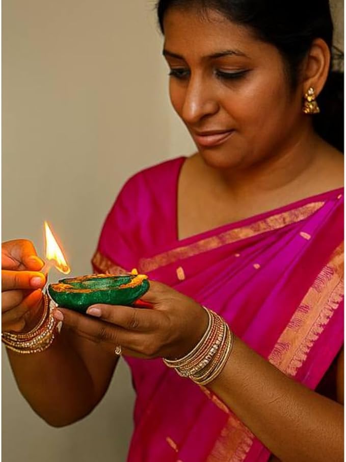 4 x Handcrafted Clay Diya in Green and Orange with Yellow Flower Centre and Stone Work