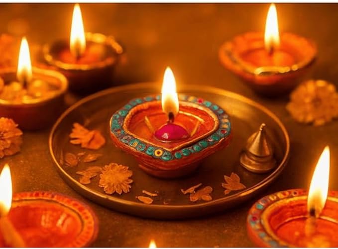 4 x Floral Clay Diyas with Pink Stone Work | Hand Painted Mitti Diya