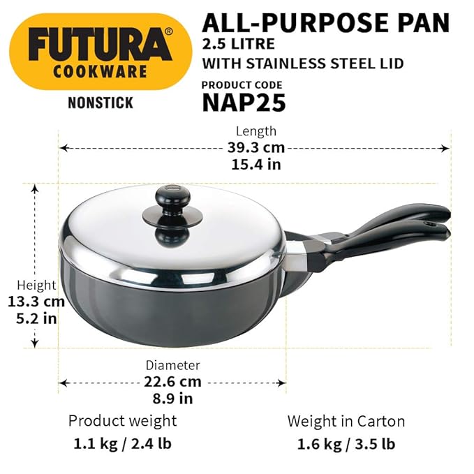 Hawkins Futura Nonstick All-Purpose Pan 2.5L, 22 cm, 3.25 mm with SS lid (Black)