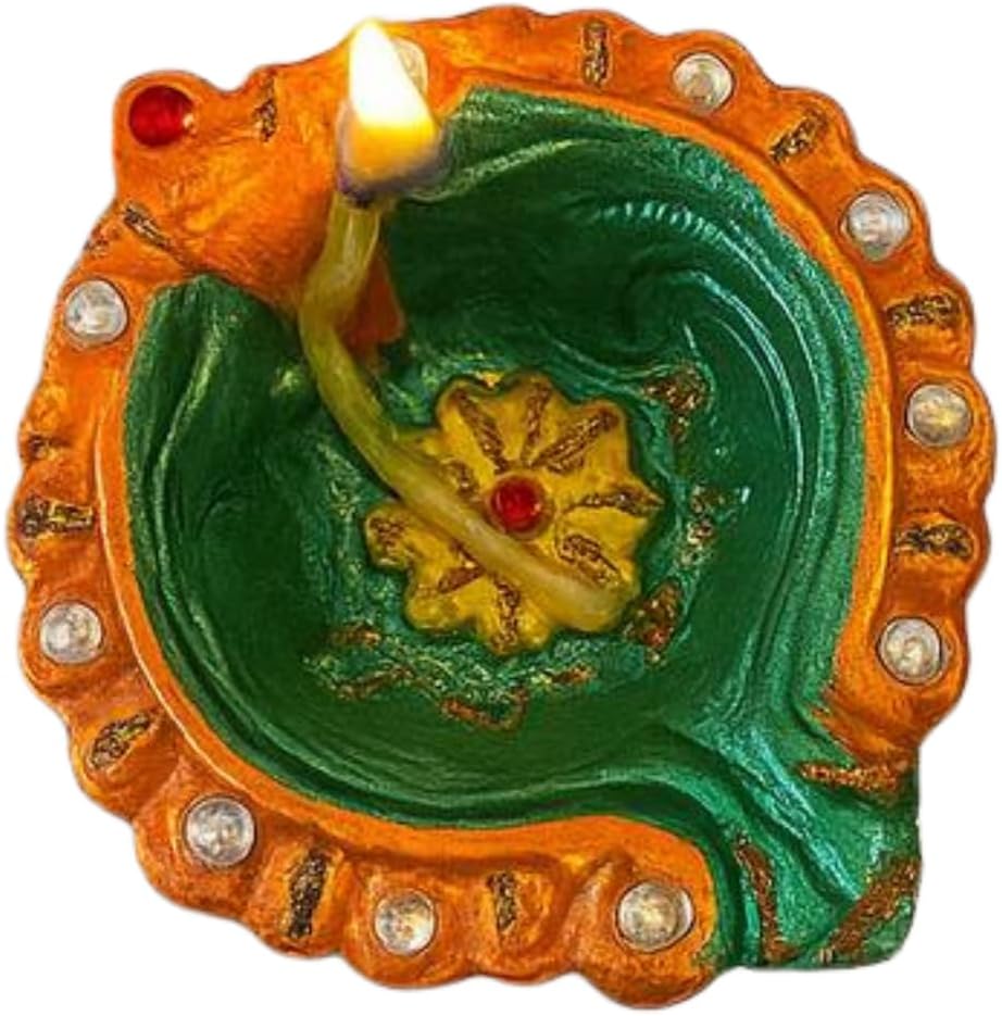 4 x Handcrafted Clay Diya in Green and Orange with Yellow Flower Centre and Stone Work