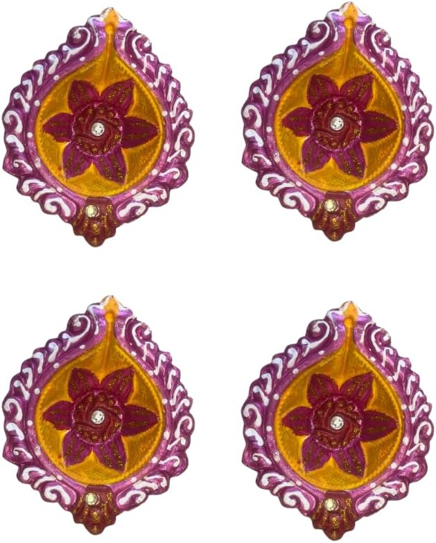 4 x Decorative Clay Diya with Traditional Floral Design and Sparkling Stone Work