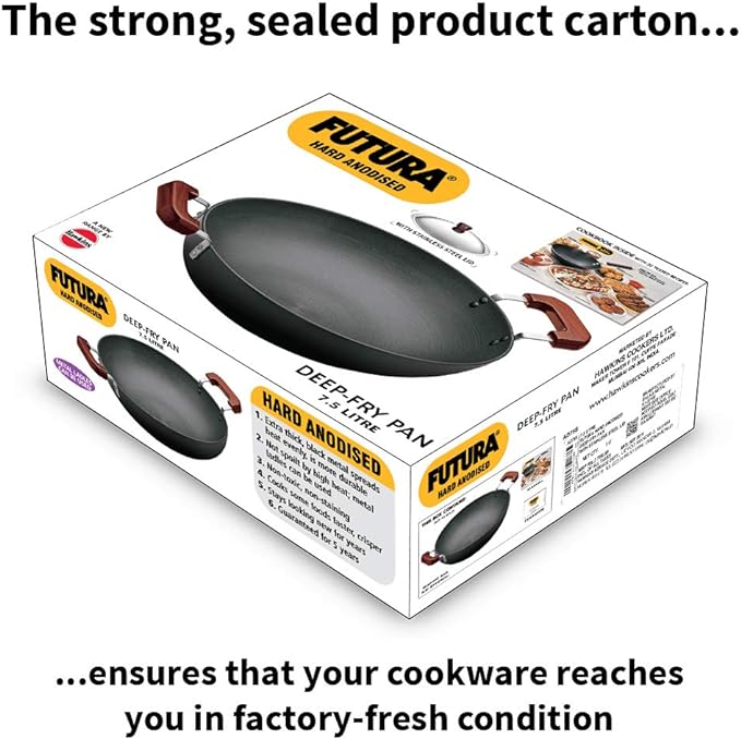 FUTURA Hard Anodised Deep-Fry Pan(Kadhai) 7-1/2-Litre with Steel Lid and Flat Bottom