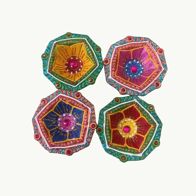 4 x Floral Clay Diyas with Pink Stone Work | Hand Painted Mitti Diya