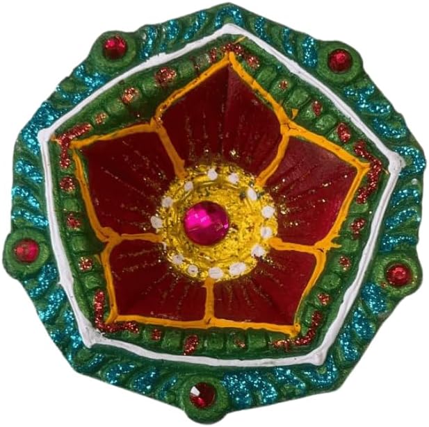 4 x Floral Clay Diyas with Pink Stone Work | Hand Painted Mitti Diya