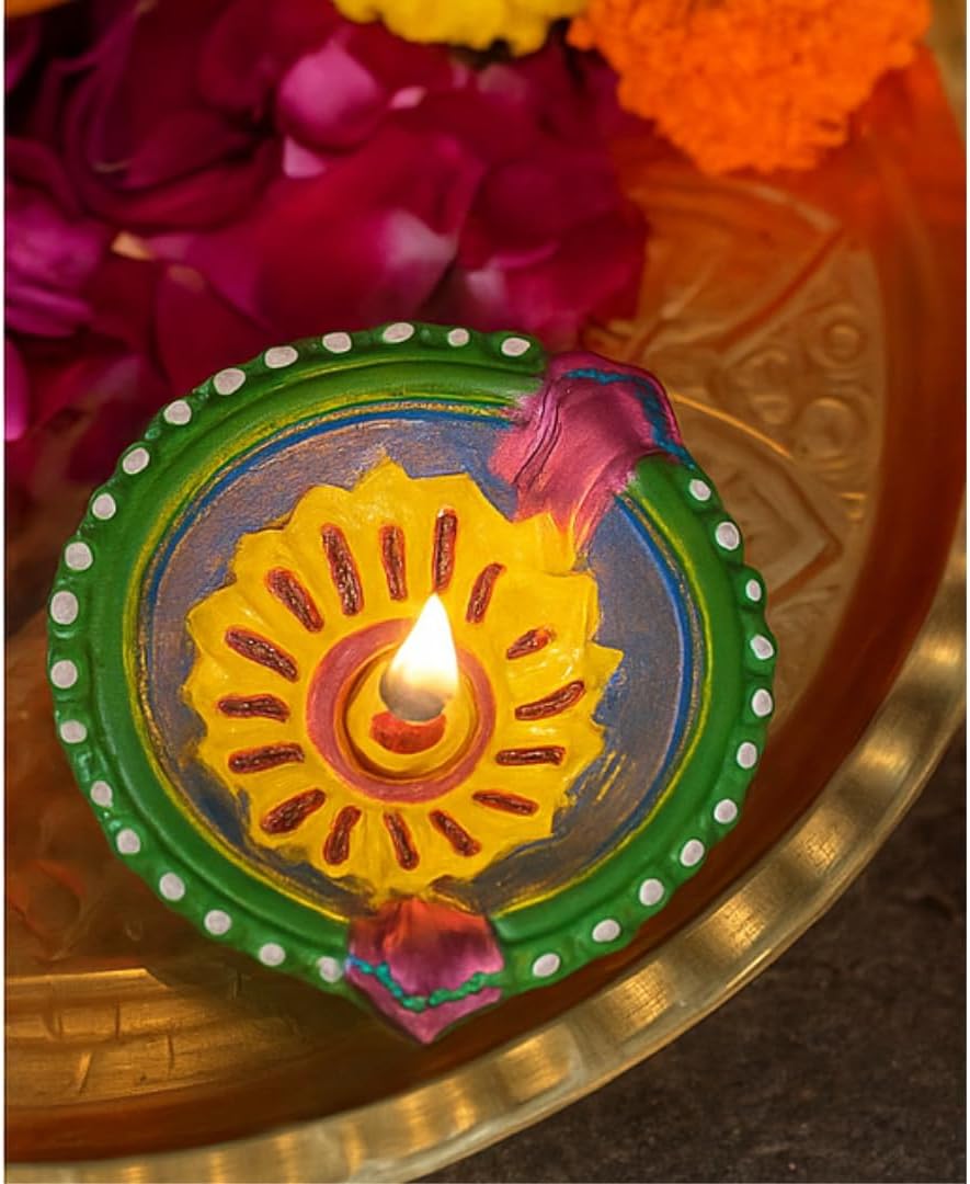 4 x Handcrafted Clay Diya with Green and Blue Finish, Yellow Flower Centre and Stone Work