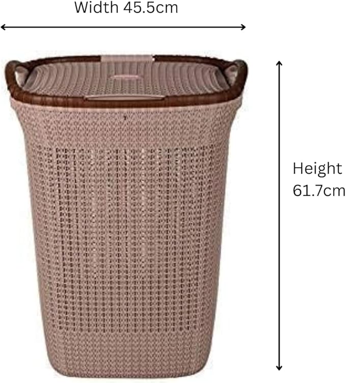 Rope Laundry Basket with Lid – Plastic Storage Hamper with Handles for Clothes, Bathroom & Bedroom – Durable Organizer in Brown, Beige & Grey