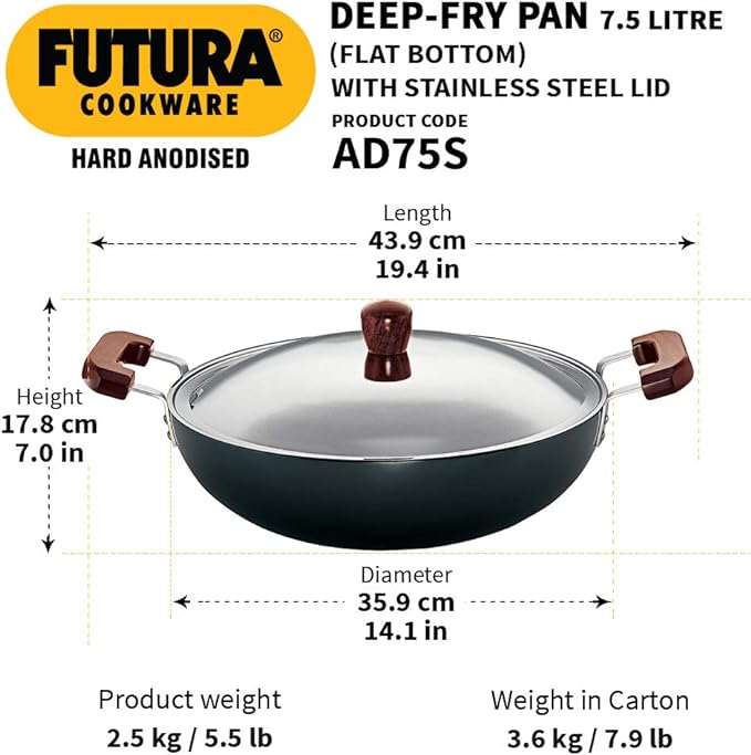FUTURA Hard Anodised Deep-Fry Pan(Kadhai) 7-1/2-Litre with Steel Lid and Flat Bottom