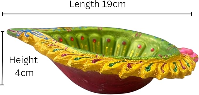 1 x Large Feather Leaf Shape Clay Diya 19x16x4cm Hand Painted