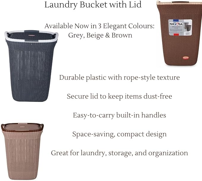 Rope Laundry Basket with Lid – Plastic Storage Hamper with Handles for Clothes, Bathroom & Bedroom – Durable Organizer in Brown, Beige & Grey