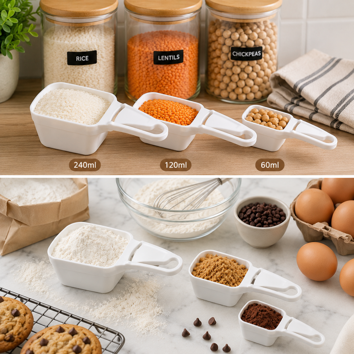 Set of 3 Plastic Measuring Scoops with Sliding Leveler 60ml 120ml 240ml