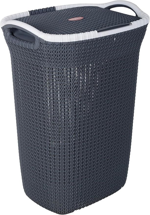 Rope Laundry Basket with Lid – Plastic Storage Hamper with Handles for Clothes, Bathroom & Bedroom – Durable Organizer in Brown, Beige & Grey