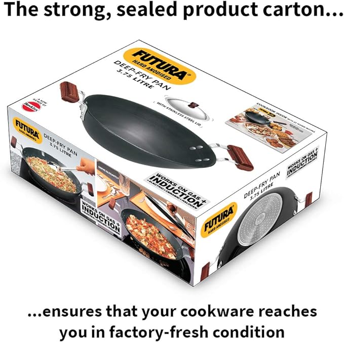 FUTURA Hard Anodized Flat Bottom Deep Fry Pan with Stainless Steel Lid, 3.75 LT