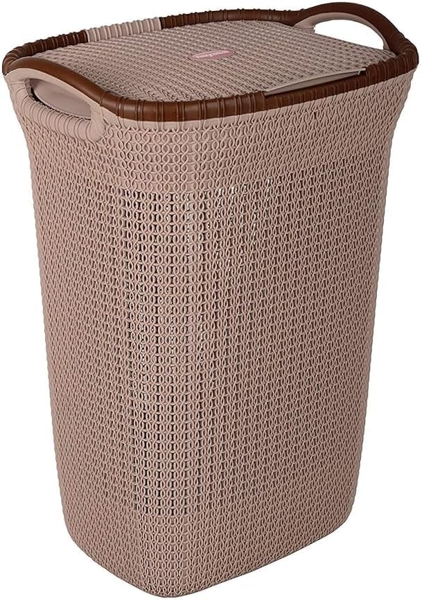 Rope Laundry Basket with Lid – Plastic Storage Hamper with Handles for Clothes, Bathroom & Bedroom – Durable Organizer in Brown, Beige & Grey