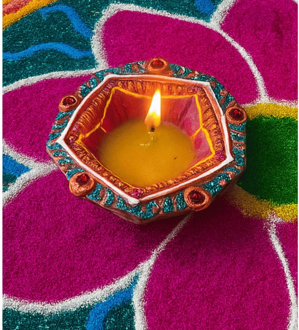4 x Floral Clay Diyas with Pink Stone Work | Hand Painted Mitti Diya