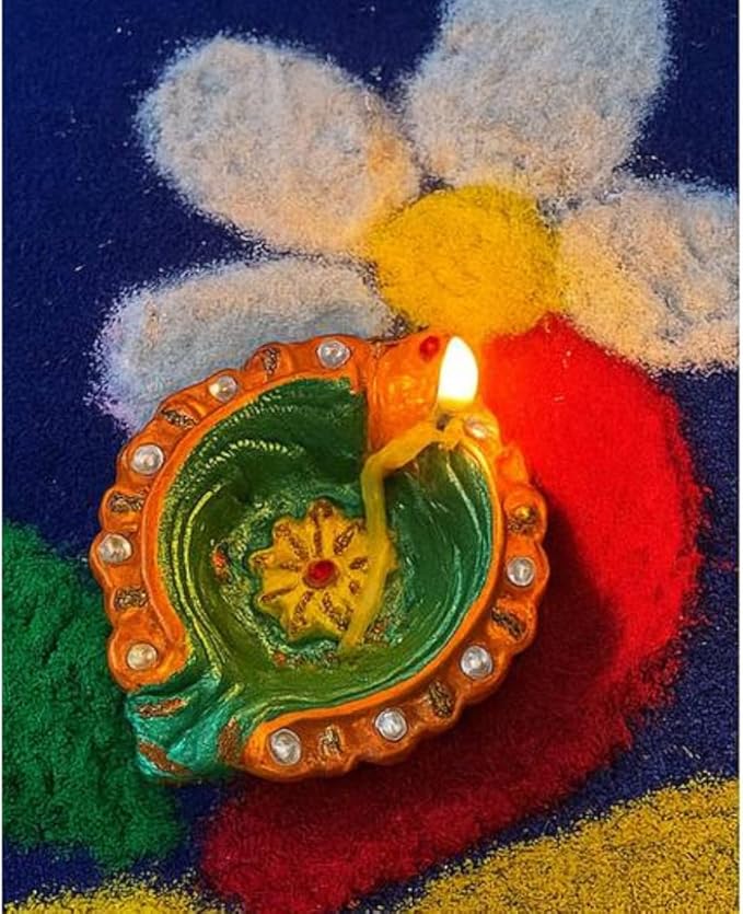 4 x Handcrafted Clay Diya in Green and Orange with Yellow Flower Centre and Stone Work