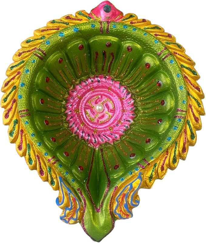 1 x Large Feather Leaf Shape Clay Diya 19x16x4cm Hand Painted