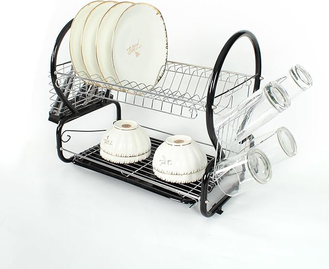 Daifort Two-Tier Dish Rack with Drip Tray and Holders - Metallic Finish