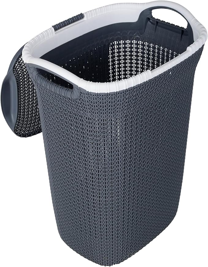 Rope Laundry Basket with Lid – Plastic Storage Hamper with Handles for Clothes, Bathroom & Bedroom – Durable Organizer in Brown, Beige & Grey