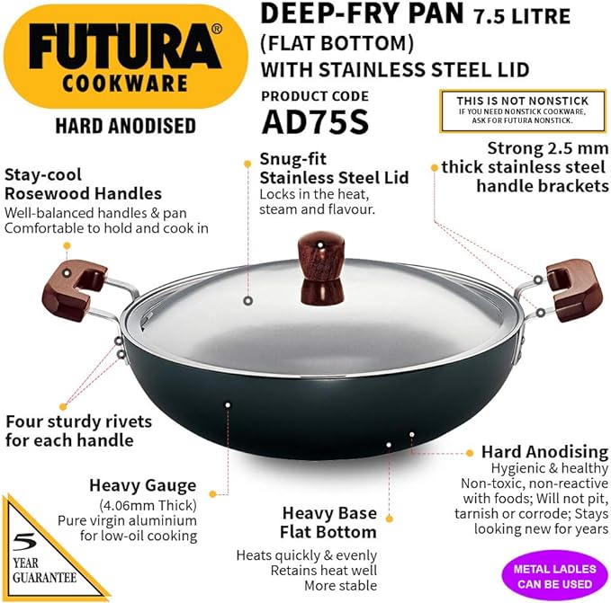 FUTURA Hard Anodised Deep-Fry Pan(Kadhai) 7-1/2-Litre with Steel Lid and Flat Bottom