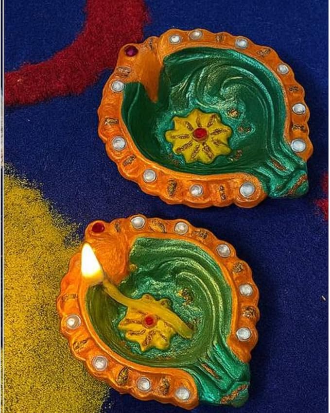 4 x Handcrafted Clay Diya in Green and Orange with Yellow Flower Centre and Stone Work