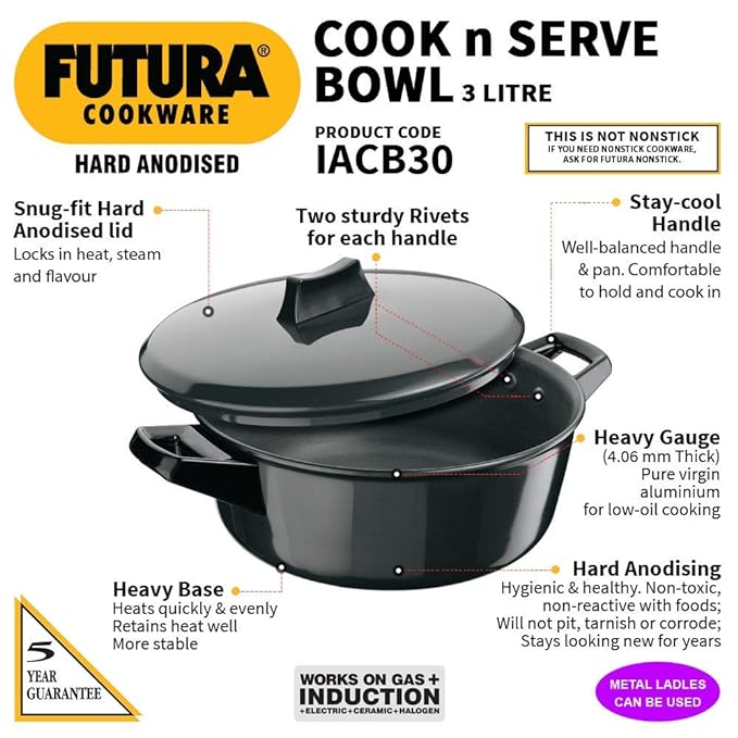 Hawkins Futura 3 Litre Cook n Serve Bowl, Induction Pan, Black (Aluminium)