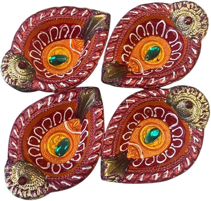 4 x Red Leaf Shape Decorative Diyas with Green Stone Center