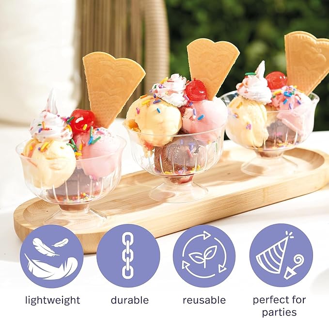 6 x Plastic Dessert Bowls – Clear Reusable Trifle Bowls, Ice Cream Cups, Sundae Dishes