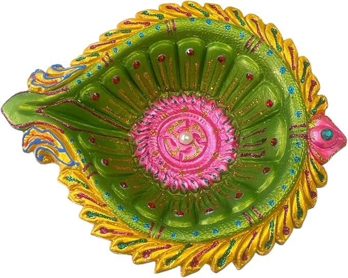1 x Large Feather Leaf Shape Clay Diya 19x16x4cm Hand Painted