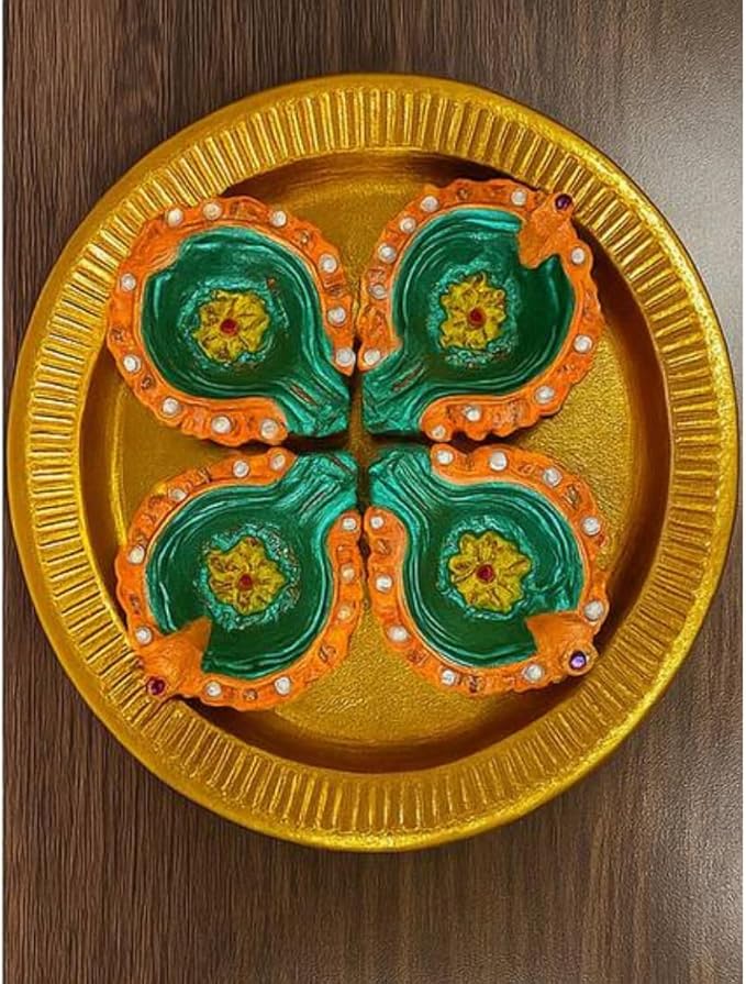 4 x Handcrafted Clay Diya in Green and Orange with Yellow Flower Centre and Stone Work