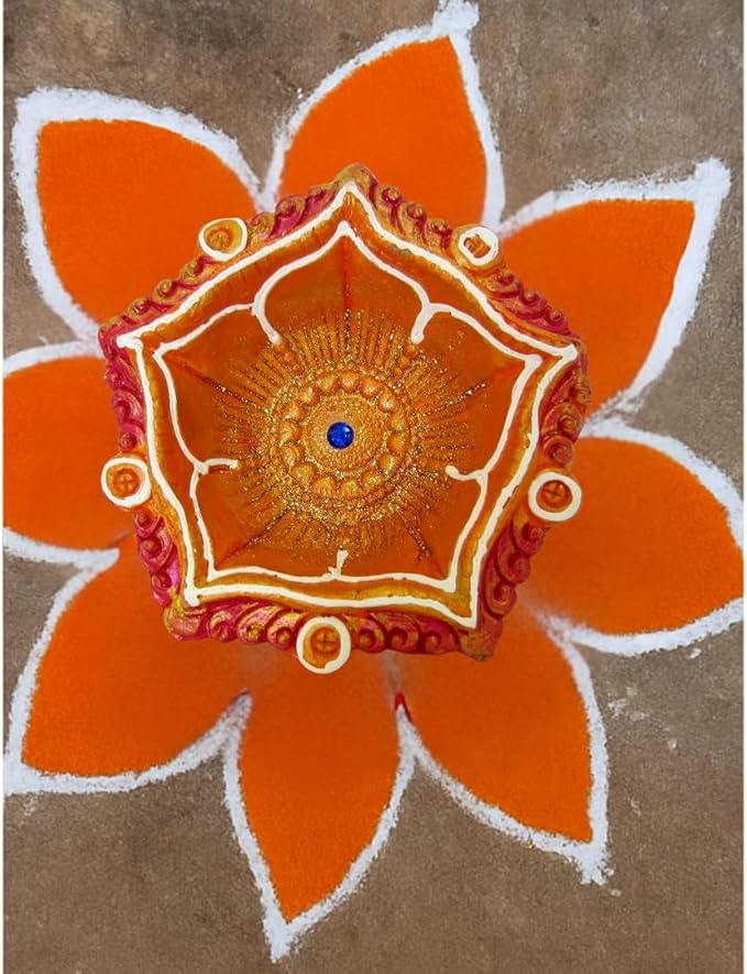 1 x Handmade Clay Oil Diya with Blue Stone & White Circle Design 13.5cm