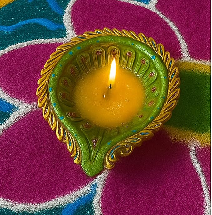 1 x Large Feather Leaf Shape Clay Diya 19x16x4cm Hand Painted