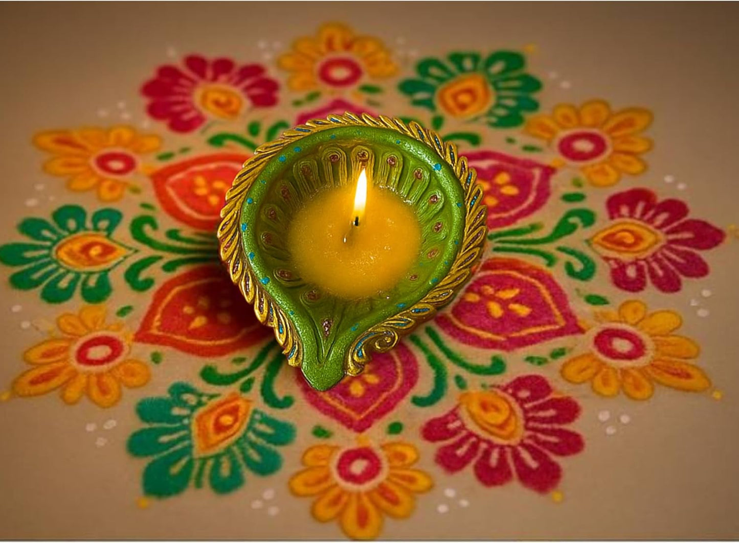 1 x Large Feather Leaf Shape Clay Diya 19x16x4cm Hand Painted