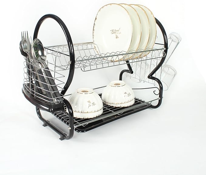 Daifort Two-Tier Dish Rack with Drip Tray and Holders - Metallic Finish