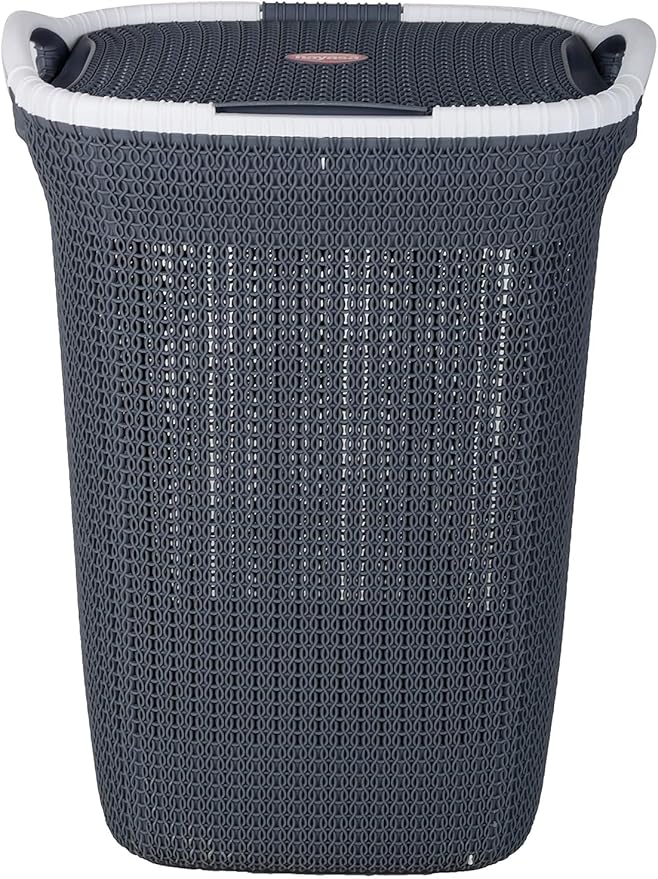 Rope Laundry Basket with Lid – Plastic Storage Hamper with Handles for Clothes, Bathroom & Bedroom – Durable Organizer in Brown, Beige & Grey