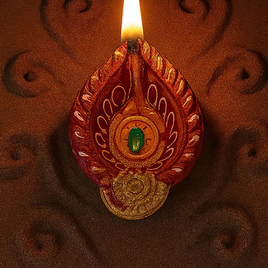 4 x Red Leaf Shape Decorative Diyas with Green Stone Center