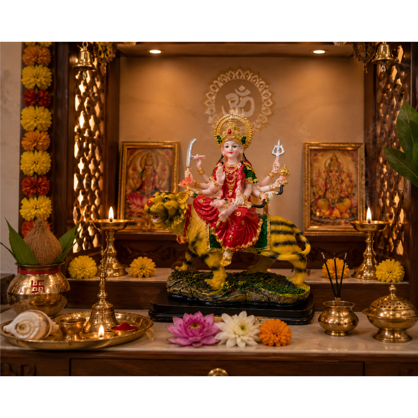Durga Mata Idol on Tiger Statue 20cm Hard Plastic Hindu Goddess Murti for Home Mandir