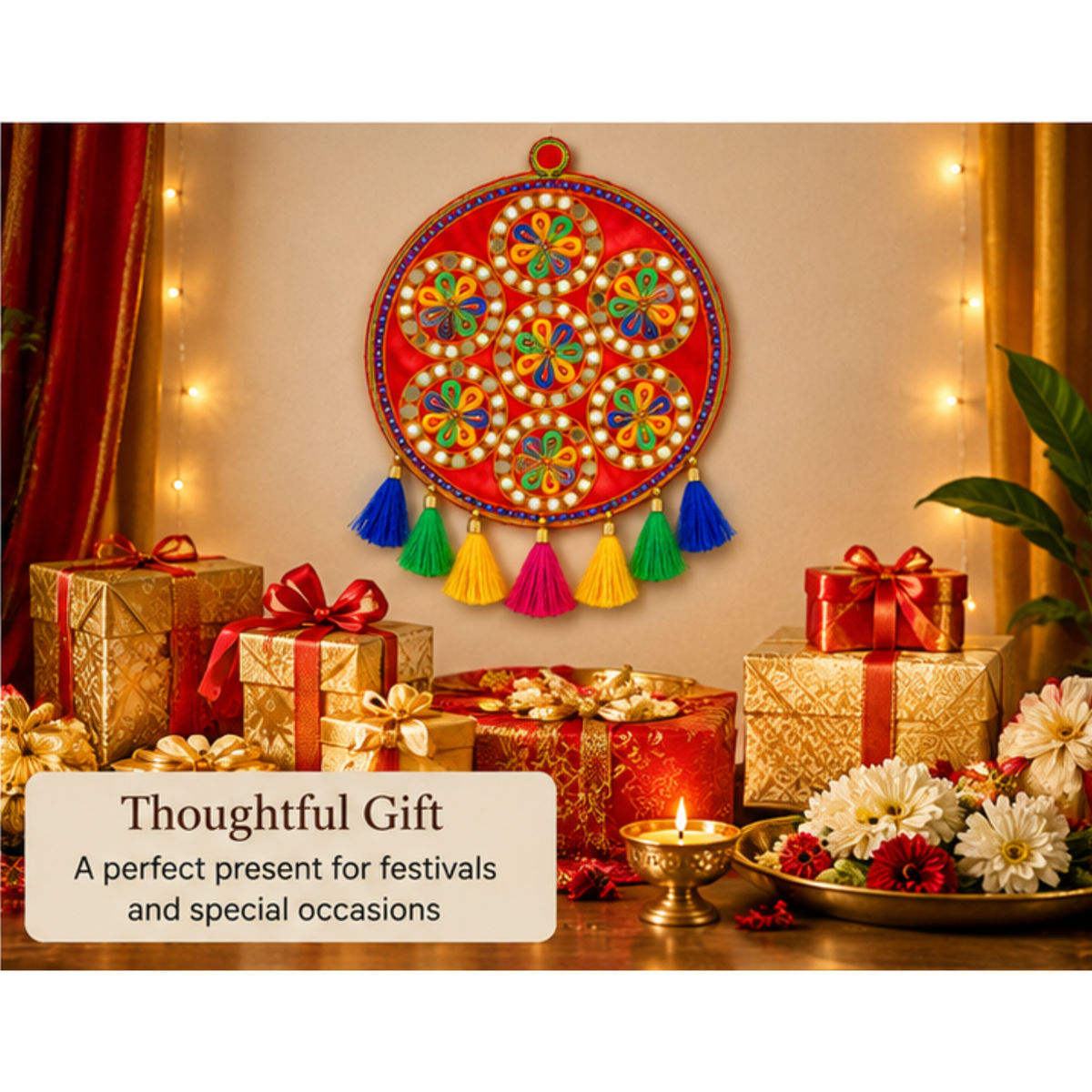 Set of 2 Diwali Round Embroidered Hanging Decorations 24cm