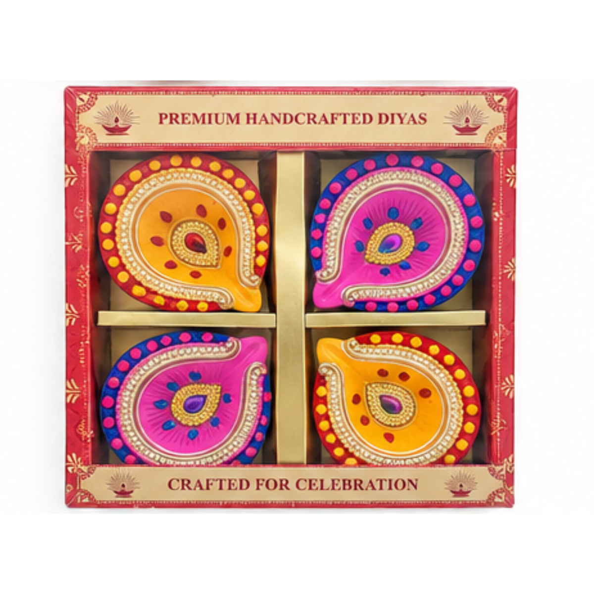 Handmade Clay Diya Set of 4 – Assorted Multicolour Decorative Oil Lamps