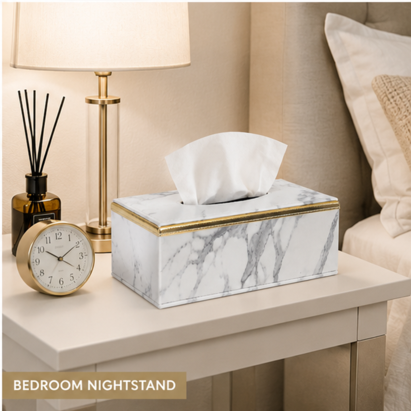 Marble Effect Tissue Box Cover, Faux Leather Tissue Box Holder with Gold Trim