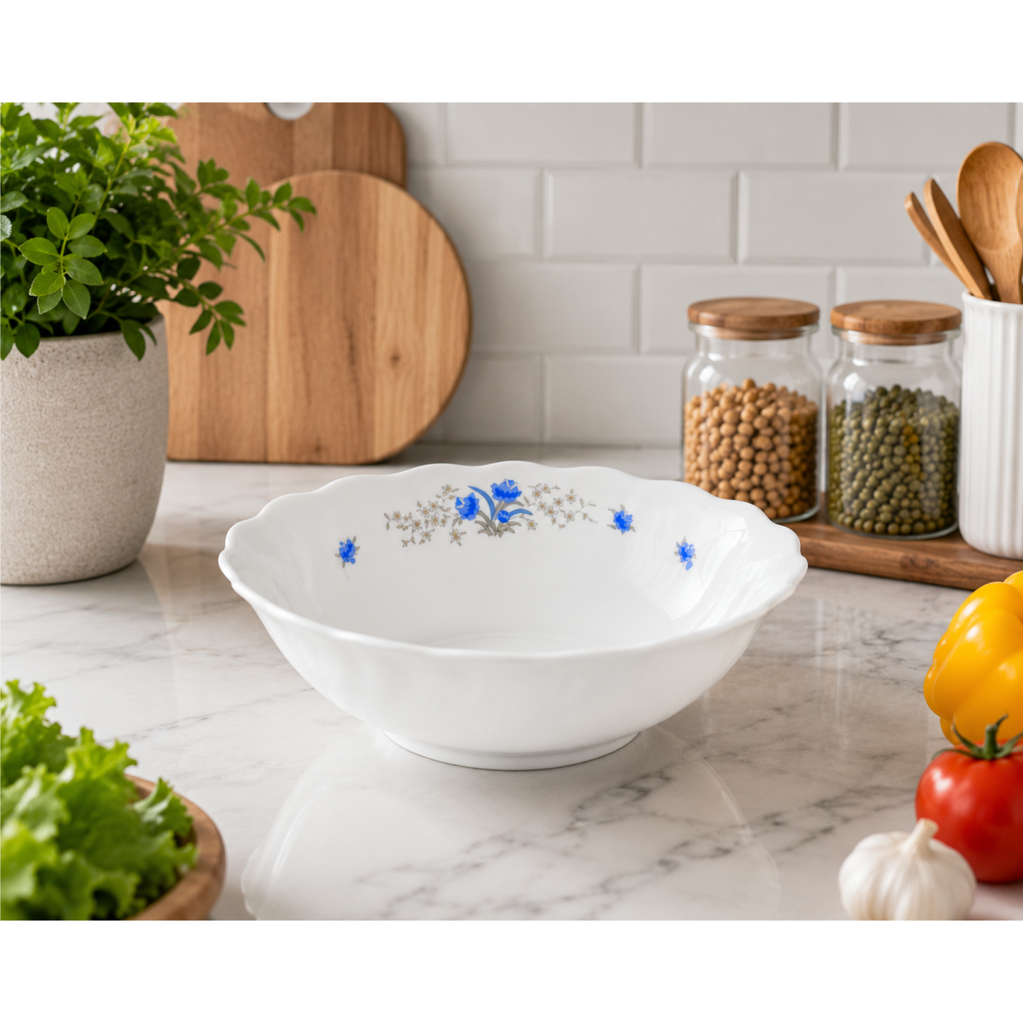 Set of 6 Porcelain Soup Bowls White with Blue Floral Design, Deep Cereal Bowls