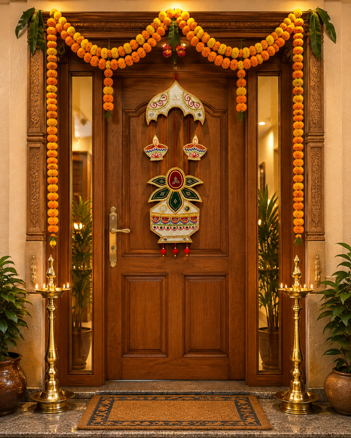 Handmade Ethnic Wall Hanging with Kalash Diya Motif & Mirror Work (70cm x 25 cm)