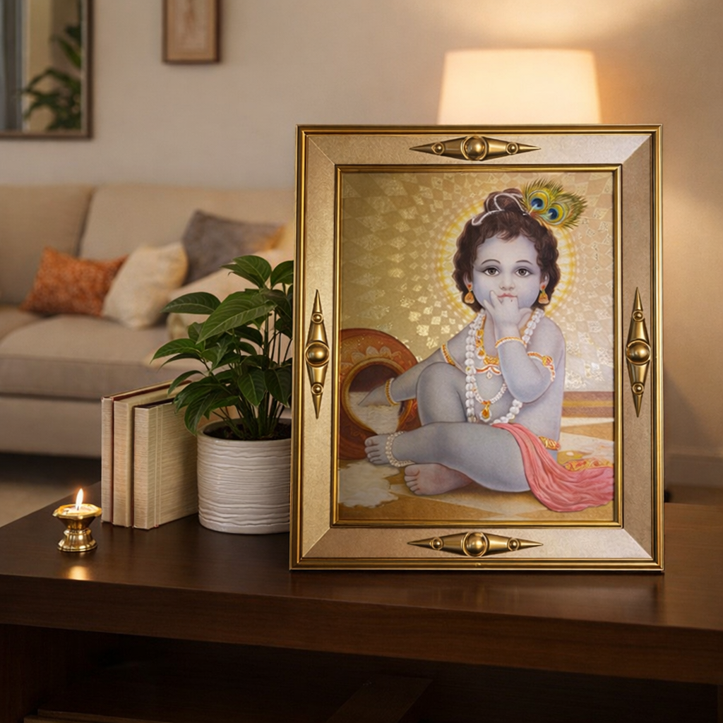 Laddu Gopal Baby Krishna Frame Gold Hindu God Photo Home Mandir Decor 19x17cm