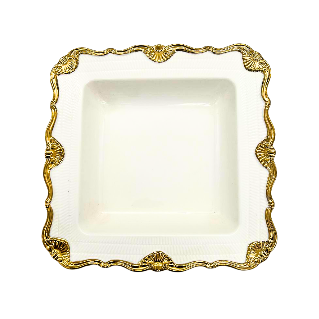 Medieval-Style Deep White Crockery Plate with Gold-Rimmed Edge, 21 cm