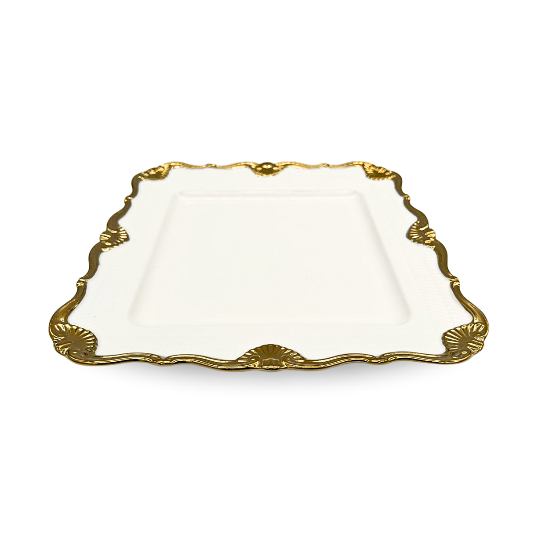 Medieval-Style Large White Crockery Plate with Golden Painted Rim, 30 cm
