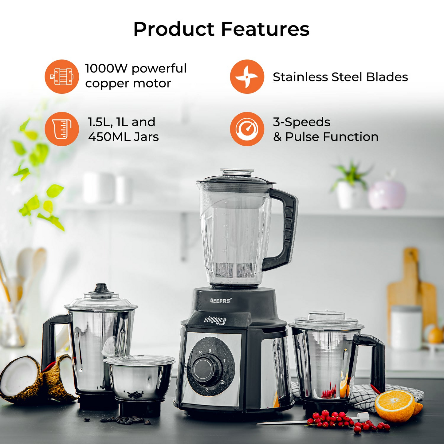 Geepas 5-in-1 Elegance Wet and Dry Indian Mixer Grinder - 1000W
