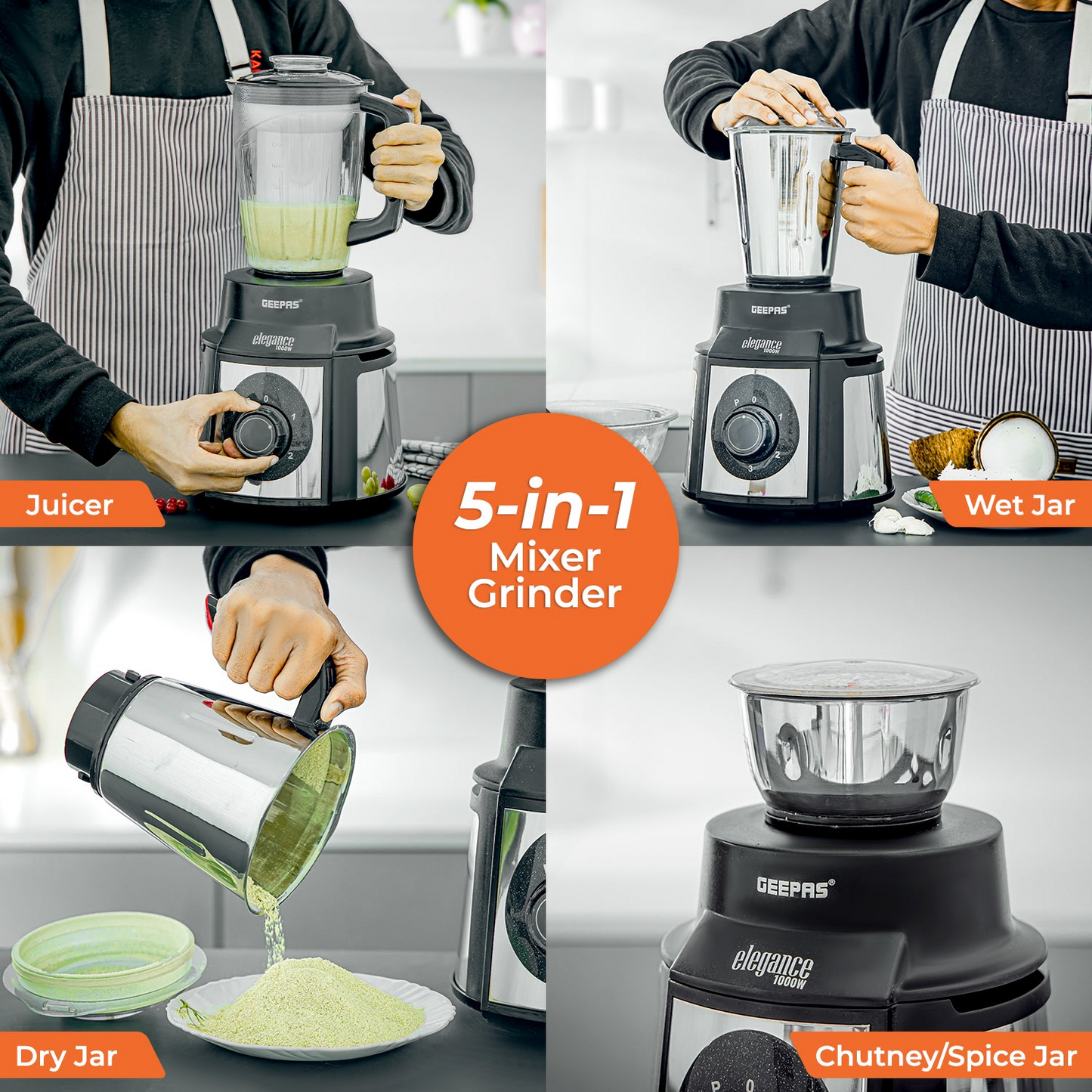 Geepas 5-in-1 Elegance Wet and Dry Indian Mixer Grinder - 1000W